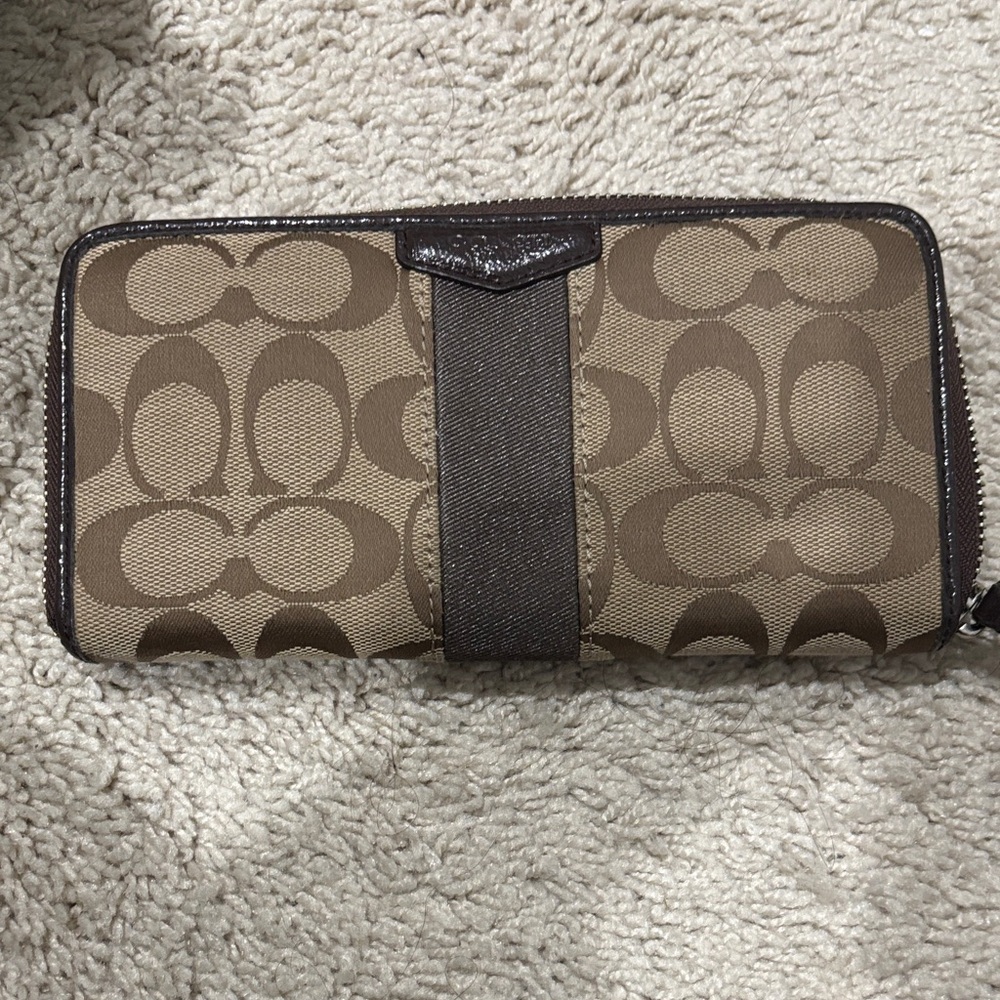 Coach Signature Brown and Tan Zip Wallet